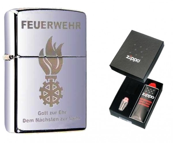 Zippo Feuerwehr Gott zur Ehr Chrom Poliert im Geschenkset