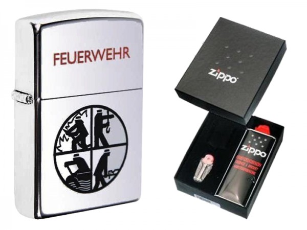 Zippo Feuerwehr Poliert Black Circle im Geschenkset