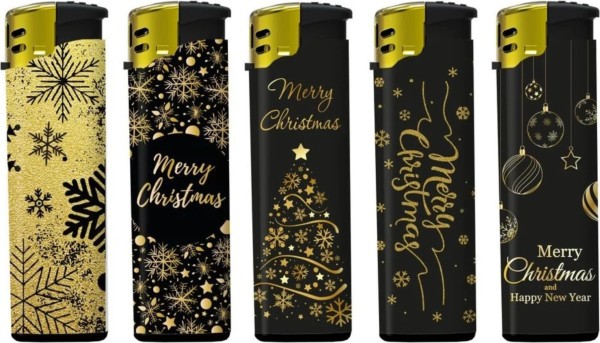 5x WF Piezo-Feuerzeug Christmas Gold sortiert