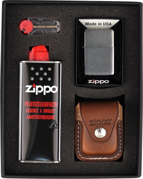 Zippo Chrom Gebürstet im Set mit Ledertasche Braun Schlauf inkl. Benzin & Feuersteinen