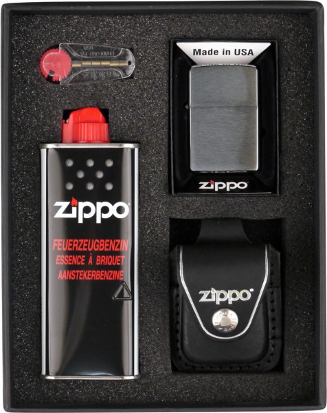 Zippo Chrom Gebürstet im Set mit Ledertasche schwarz Clip inkl. Benzin & Feuersteinen