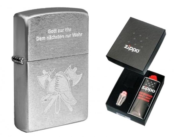 Zippo Feuerwehr Gott zur Ehr Chrome Brushed im Geschenkset