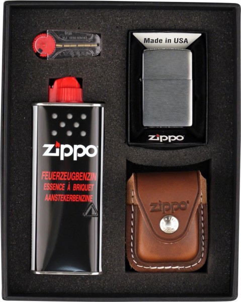 Zippo Chrom Gebürstet im Set mit Ledertasche Braun Clip inkl. Benzin & Feuersteinen